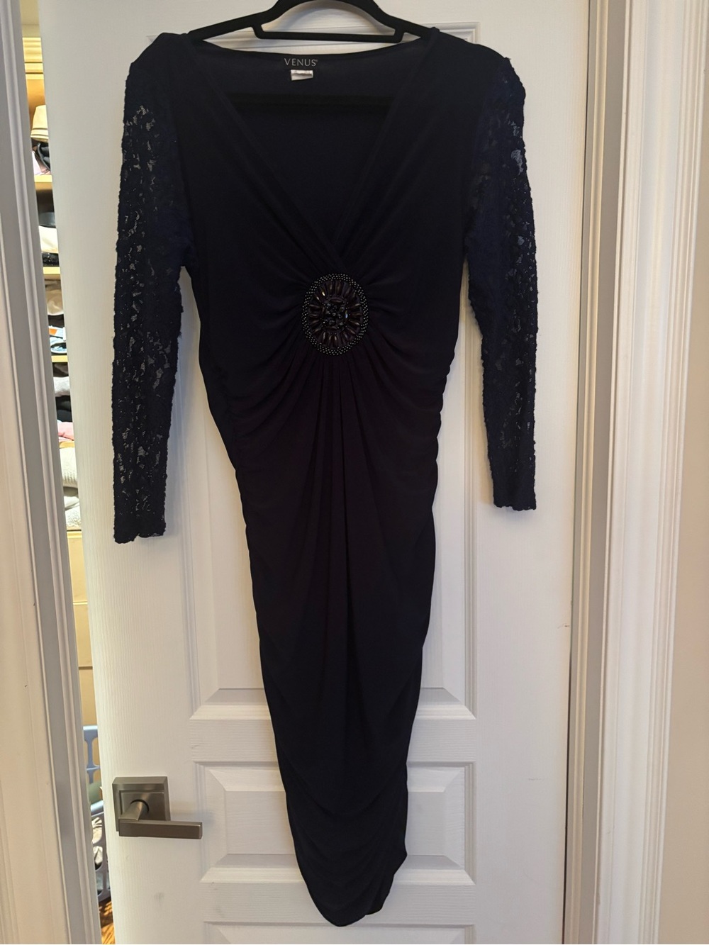 VENUS Navy Lace-Sleeve Ruched Midi Dress with Center Medallion cocktail length